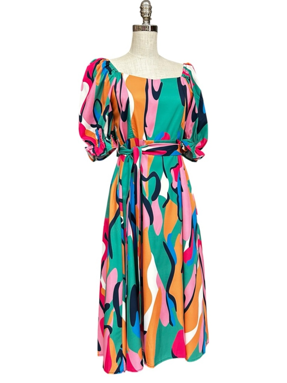 Sunday Up Multicolor Abstract Midi Dress Size Large Puff Sleeve Summer Tea Dress - Picture 5 of 15